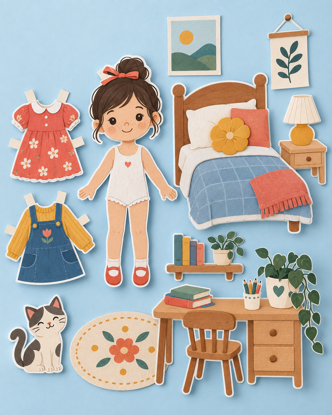 Printable paper doll pieces arranged as a cheerful miniature bedroom